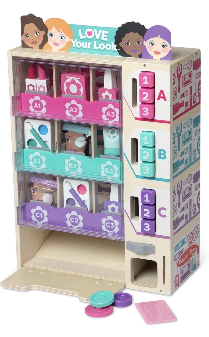 Melissa & Doug Beauty Kiosk Wooden Pretend Makeup Vending Play Set 24pc